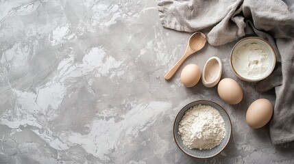 Baking Essentials on a Gray Backdrop: Overhead shot of a selection of baking ingredients. capture the preparation of culinary delights. inviting and high-angle view.