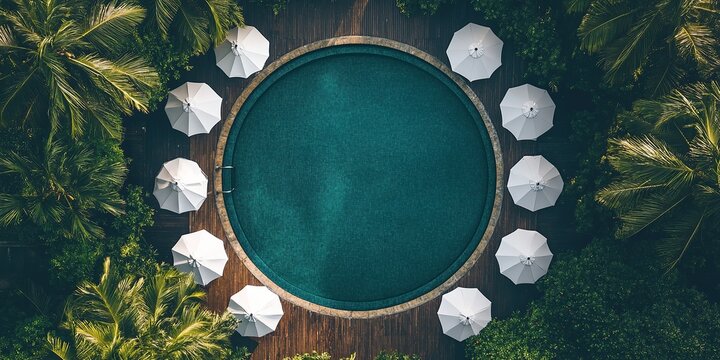 An aerial view of an elegant, round pool surrounded by white umbrellas and lush greenery,