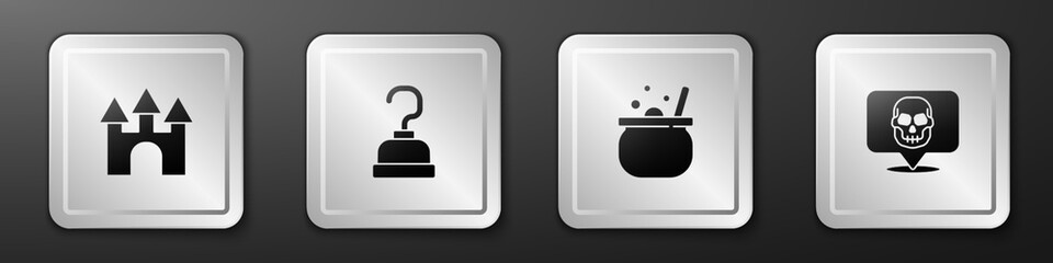 Set Castle, Pirate hook, Halloween witch cauldron and Skull icon. Silver square button. Vector