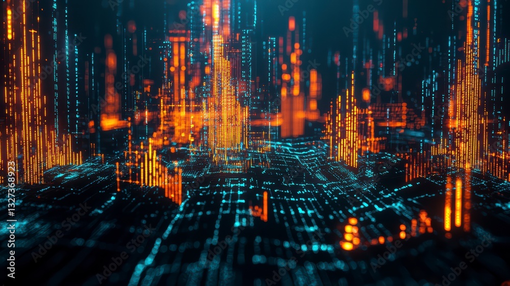 Poster digital matrix of futuristic data: a mesmerizing view of a digital matrix bathed in neon lights, wit