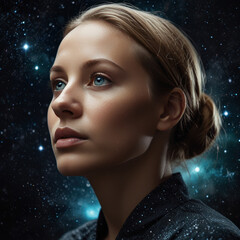 Cosmic Serenity: Woman Enveloped in Galactic Light