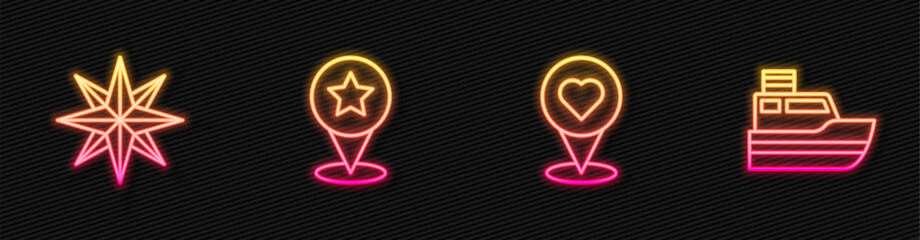 Set line Location with heart, Wind rose, Map pointer star and Ship line path. Glowing neon icon. Vector
