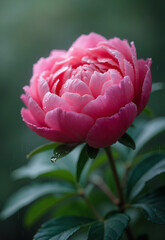Close-up of a stunning  blooming peony, velvety petals in vibrant color