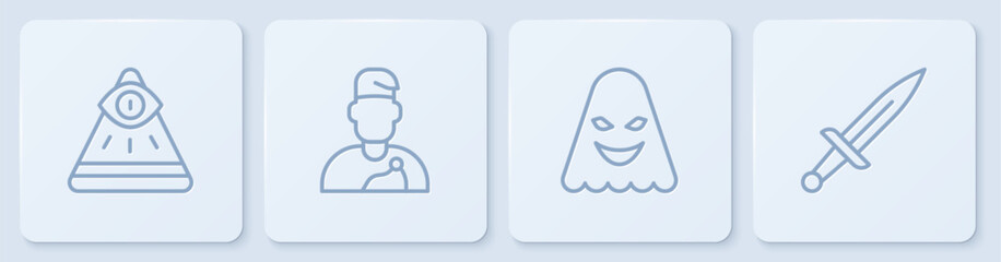Set line Masons, Ghost, Wizard warlock and Dagger. White square button. Vector