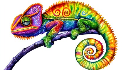 Obraz premium Brightly Colored Chameleon Perched on a Branch with Spiral Patterns and Vivid Colors