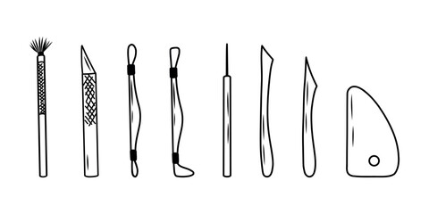 A set of modern pottery tools. A collection of wooden tools for making clay sculptures. Equipment for an art studio. Vector black and white contour illustration