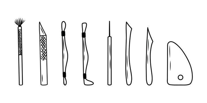 A set of modern pottery tools. A collection of wooden tools for making clay sculptures. Equipment for an art studio. Vector black and white contour illustration