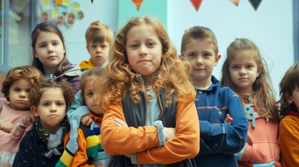 A group of young children with serious facial expressions, suitable for educational and social topics related to childhood.