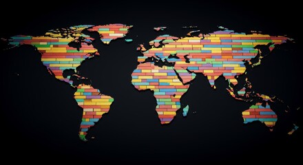 Obraz premium Colorful Brick World Map - A world map depicted using colorful bricks, representing global unity and connection