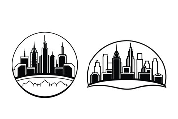 Fototapeta premium Black and White City Skyline Illustrations in Circular and Semicircular Frames