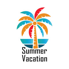 This image is a vibrant and modern graphic design representing a summer vacation theme. At the canter, a stylized palm tree stands tall with a curved trunk in deep red.