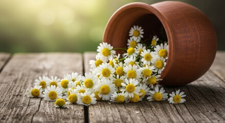 Fototapeta premium Daisies Spilling from Terracotta Pot - Delicate daisies spill from a rustic terracotta pot onto a weathered wooden surface. A perfect for tranquility and natural beauty