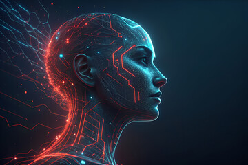 Obraz premium Futuristic profile of topographic lines red and blue neon glow digital human, cybernetic face, dark background, technological contours, abstract portrait sci-fi aesthetic 3D rendering