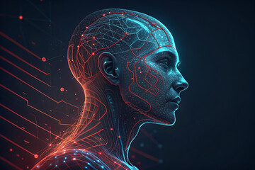 Futuristic profile, topographic lines, red and blue neon glow, digital human, cybernetic face, dark background, technological contours, abstract portrait, sci-fi aesthetic, 3D rendering, high-tech