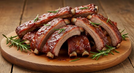 Delicious BBQ Pork Ribs on Wooden Board - Juicy, tender BBQ pork ribs seasoned with rosemary, arranged on a rustic wooden board. Perfect for a delicious meal