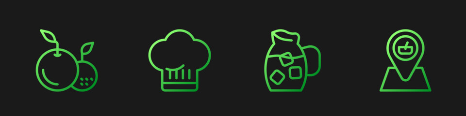 Set line Jug glass with water, Fruit, Chef hat and Picnic location. Gradient color icons. Vector