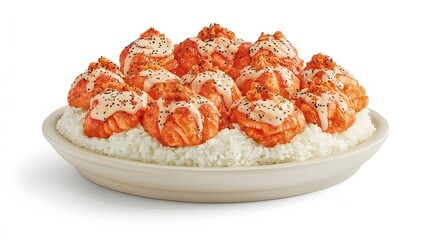 Savory Seafood Platter Featuring Sliced Salmon and Creamy Sauce on a Bed of Rice