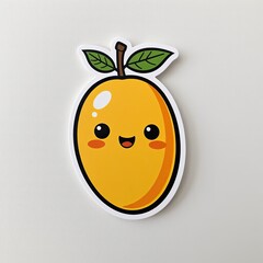 Cartoon mango character with a smiling face, surrounded by fresh fruits like orange and tomato, with a cute leaf, conveying a fun and healthy vibe