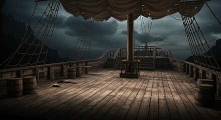 Fototapeta premium Deserted Pirate Ship Deck Stage Scene - A moody deserted pirate ship deck, symbolizing adventure, mystery, danger, isolation, and forgotten treasures