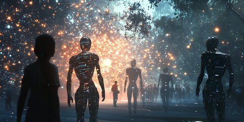 A group of AI humanoid robots in a futuristic sci-fi environment, symbolizing the evolution of artificial intelligence and the digital transformation of human civilization