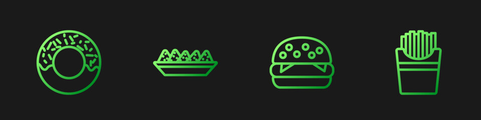 Set line Burger, Donut, Nachos in plate and Potatoes french fries box. Gradient color icons. Vector