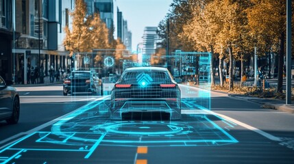 Futuristic autonomous vehicle technology integrating with urban environment visualization