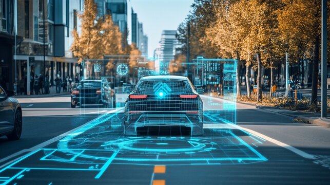 Futuristic autonomous vehicle technology integrating with urban environment visualization