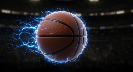 Electric Basketball Energy - A glowing basketball, surrounded by blue lightning, symbolizes speed, power, excitement, competition, and victory in the game