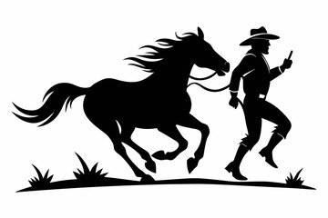 cowboy and horse running line art silhouette vector illustration	