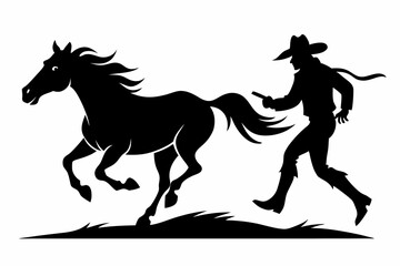 cowboy and horse running line art silhouette vector illustration	