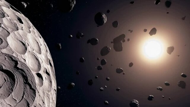 Asteroid Field in Space with Sunlight and Cratered Moon Surface Stock Video 4K Ultra HD MP4 Video Footage Download