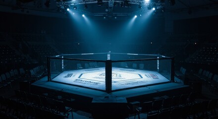Empty Octagon Cage Under Arena Lights - Anticipation, silence, power, competition, victory. An empty MMA octagon awaits the clash