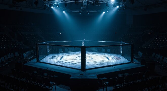 Empty Octagon Cage Under Arena Lights - Anticipation, silence, power, competition, victory. An empty MMA octagon awaits the clash