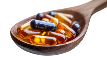 Vitamin capsules on a wooden spoon, on a transparent background. PNG file