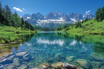 Fototapeta premium Stunning Alpine Lake with Crystal Clear Water and Majestic Mountain Peaks