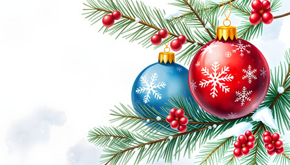 Christmas balls, snowflake and pine branch on winter background, watercolor. White tone