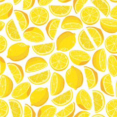A seamless pattern featuring bright yellow lemons with a textured peel on a clean white background. Perfect for fabric, textiles, wallpaper, and decorative designs with a fresh and vibrant citrus them