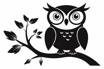 owl with a tree branch line art silhouette vector illustration	