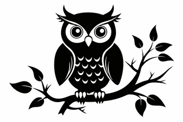 owl with a tree branch line art silhouette vector illustration	