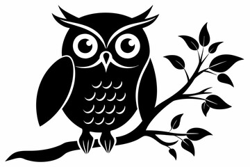 owl with a tree branch line art silhouette vector illustration	