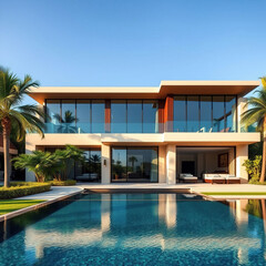 Modern luxury villa exterior with big swimming pool