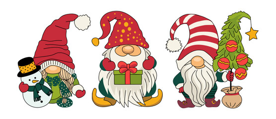 Set of Adorable Christmas gnomes with gift boxes, Christmas tree, Hot cocoa. Colorful hand drawn cartoon characters Isolated on white background, Cut out, clipart.