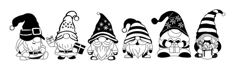 Set of Adorable Christmas gnomes with gift boxes, Christmas tree, Hot cocoa. Monochrome black sketch style hand drawn vector illustration Isolated on white background, Cut out, outline drawing.