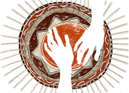 Hands drumming on rustic hand drawn background. Autumn colors.