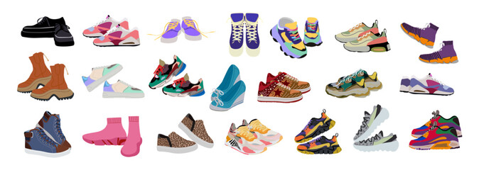 Fashion sneakers set, Modern sports shoes with different shapes and colors, Trendy sportswear for man and woman, Footwear designs. Vector colorful illustrations isolated
