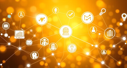 business digital marketing innovation technology icons on network connection gold background 