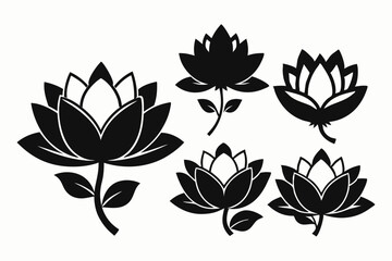 set of four lotus flowers line art silhouette vector illustration