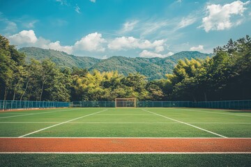 Goals and lined field on an empty field hockey pitch.