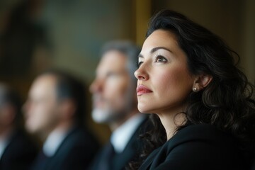 A woman in a boardroom, surrounded by men, with a look of determination as she battles for recognition and equality in a male-dominated workplace. 