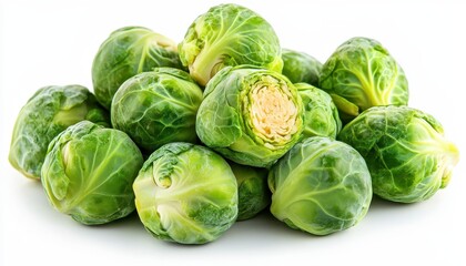 Fototapeta premium Closeup of Fresh Green Brussels Sprouts on White Background